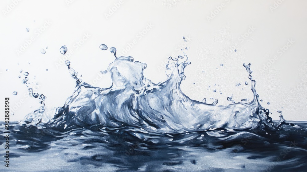 Oil painting depicting a splash of water isolated against a white backdrop showcasing the dynamic movement of water Oil painting depicting a splash of water isolated against a white backdrop showcasing the dynamic movement of water