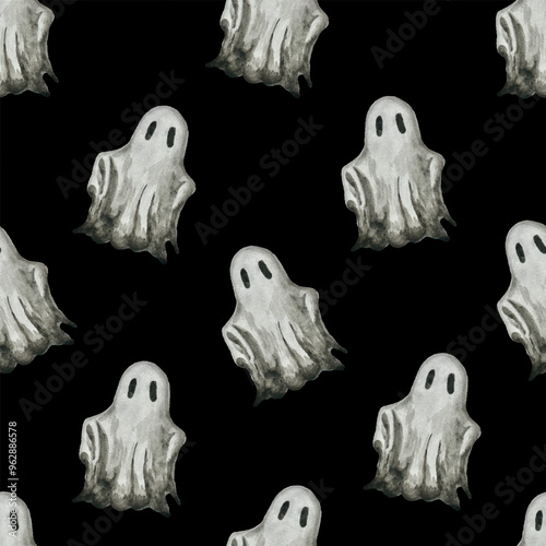 A seamless pattern of ghosts. Halloween watercolor ghost on black background