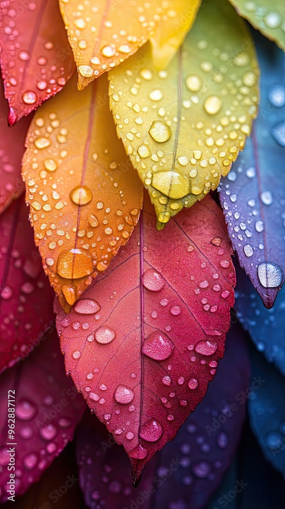 Colorful Rainbow Vibrant Autumn Leaves with Water Droplets Close-Up Colorful Rainbow Vibrant Autumn Leaves with Water Droplets Close-Up