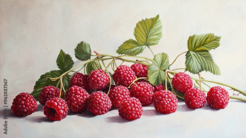 Oil painting of raspberries with green leaves set against a white background featuring vibrant details of the fruit and foliage Oil painting of raspberries with green leaves set against a white background featuring vibrant details of the fruit and foliage