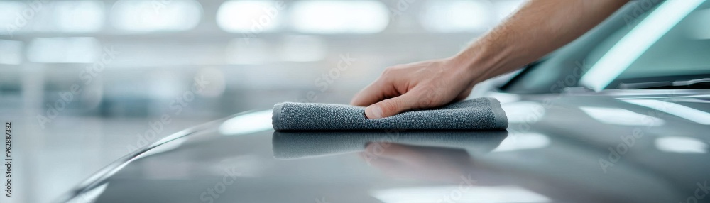 Obraz premium A person carefully cleaning a car surface with a microfiber cloth, showcasing attention to detail in auto care and maintenance.