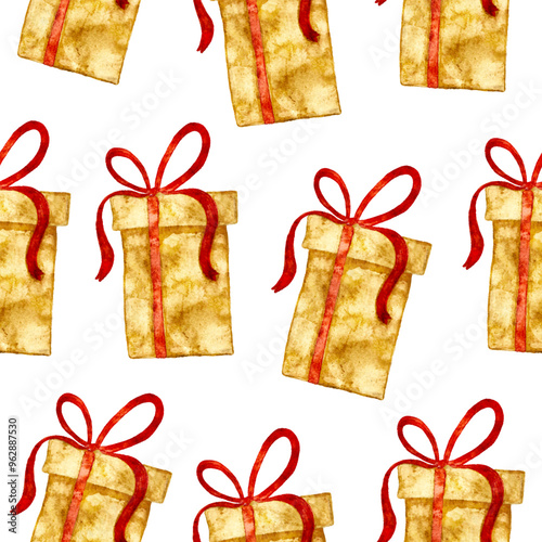 Seamless pattern with Christmas and New Year boxes gifts, presents for birthday watercolor background