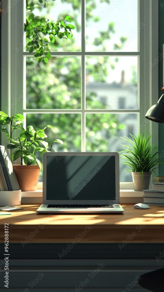 Fototapeta premium Cozy home Office Concept Showcasing Minimalist Style: A work Desk with computer, Documents, green plants and Well-Lit Interior. graphic Resources, Illustration, 