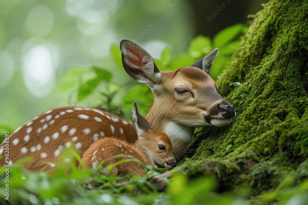 Mother deer and fawn resting in the forest Mother deer and fawn resting in the forest