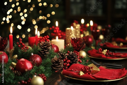 Christmas table setting with candles and decorations, rustic atmosphere with pine cones and apples