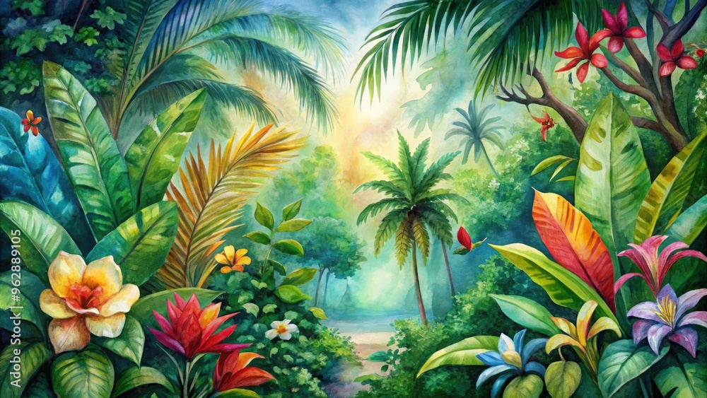 vibrant jungle foliage leafy branch tangle exotic watercolor blooms bold bright colors energetic dynamic fast-paced lively tropical atmosphere vibrant jungle foliage leafy branch tangle exotic watercolor blooms bold bright colors energetic dynamic fast-paced lively tropical atmosphere