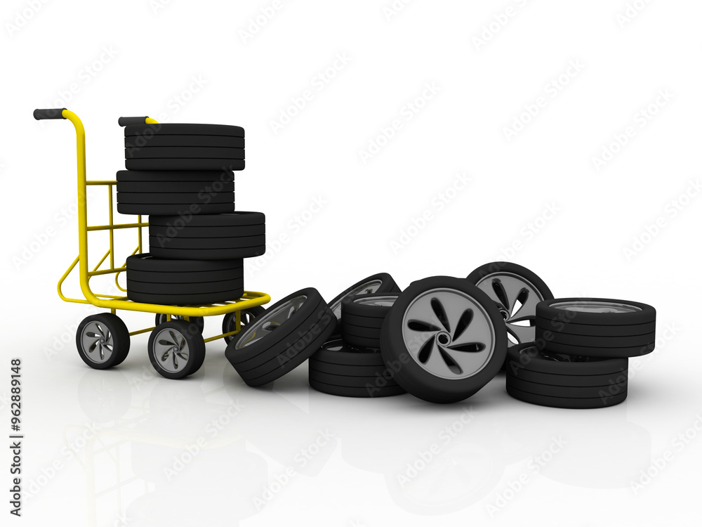 3d rendering Car wheel in trolley