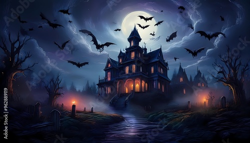 Bats flying around a haunted mansion on a stormy night photo