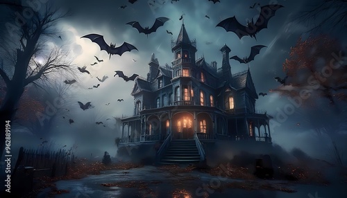 Bats flying around a haunted mansion on a stormy night photo