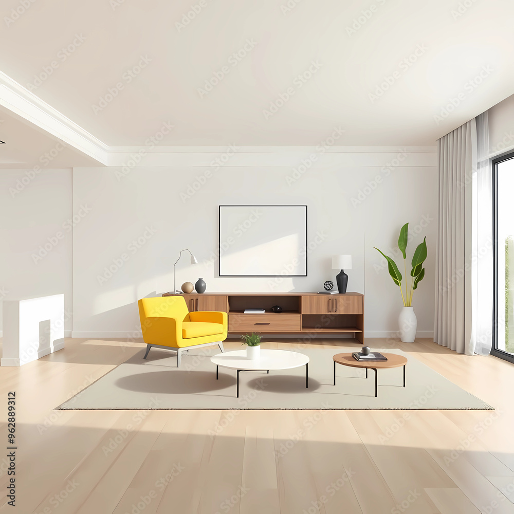 Interior of modern living room with yellow armchair and coffee tables 3d rendering Interior of modern living room with yellow armchair and coffee tables 3d rendering