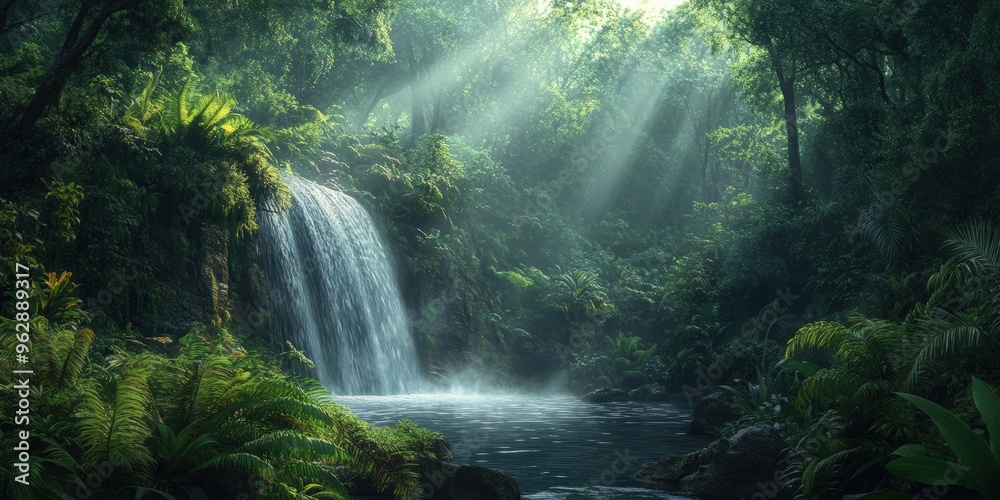 Waterfall in lush green rainforest with sunlight. Waterfall in lush green rainforest with sunlight.