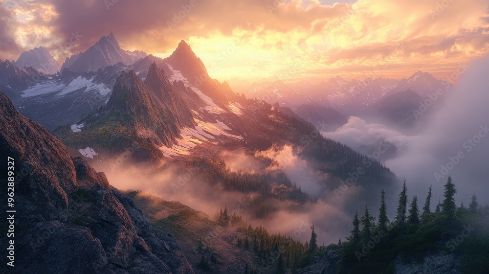 Obraz premium Sunset over misty mountain range.