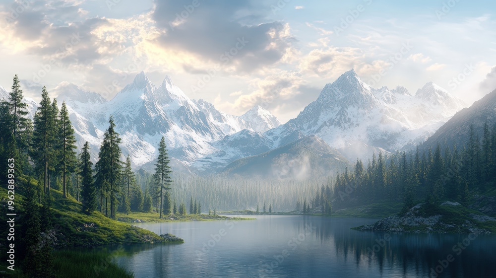 A serene mountain lake surrounded by lush forests. A serene mountain lake surrounded by lush forests.