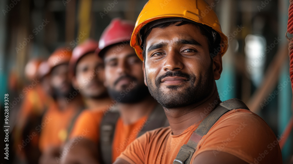 Indian labor team standing at construction side Indian labor team standing at construction side