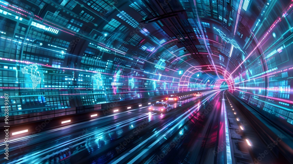 Obraz premium Digital Tunnel Futuristic Highway with Glowing Neon Lights