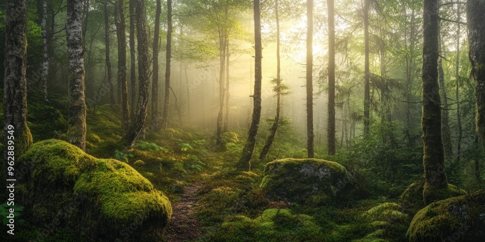 Obraz premium Sunlight through misty forest, mossy ground, path.