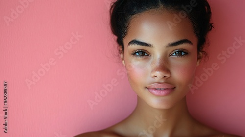 attractive woman with dark brown skin, a neutral expression, looking at the camera, standing in front of a pastel pink wall, her hair tied, wearing no makeup. The lighting casts soft shadows