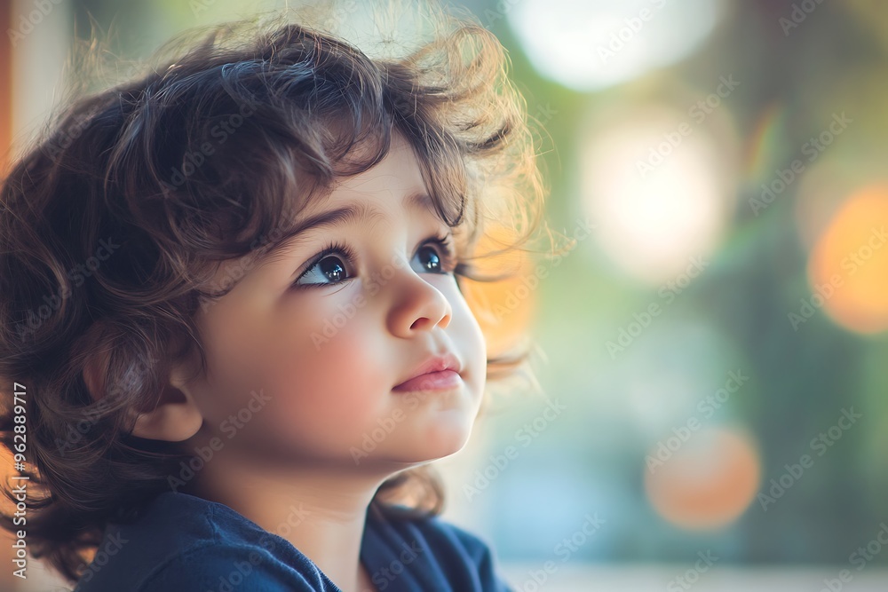 Little boy looking up contemplating with hope Little boy looking up contemplating with hope