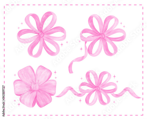 Coquette Christmas Pink Ribbon bow Watercolor Girly banner Retro Grandmillennial style collection