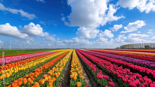 Striped field of colorful tulips under a blue sky.