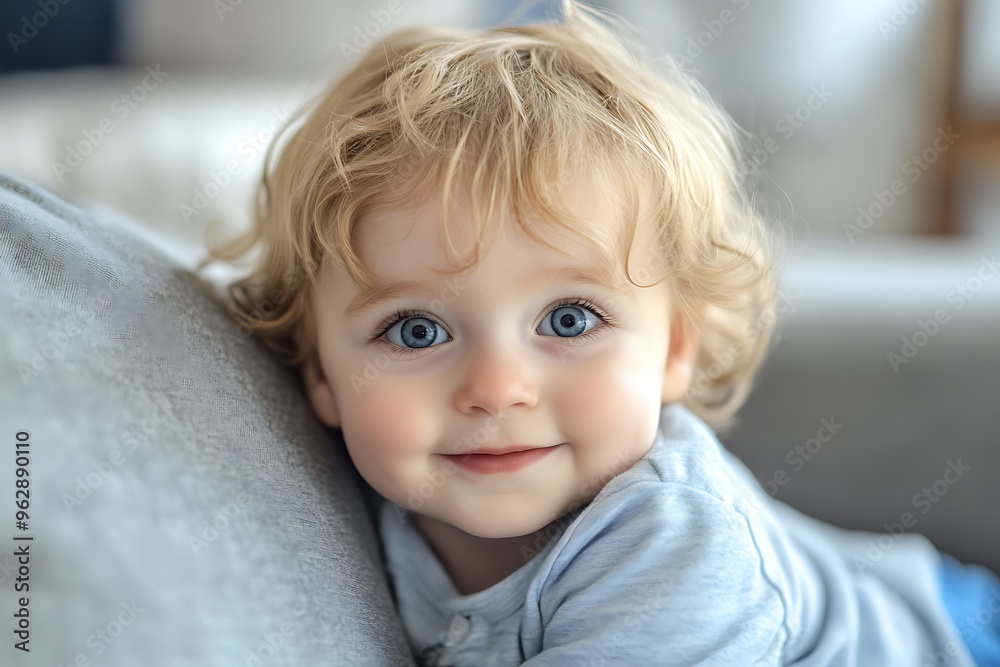 Adorable smiling baby boy relaxing on sofa at home Adorable smiling baby boy relaxing on sofa at home