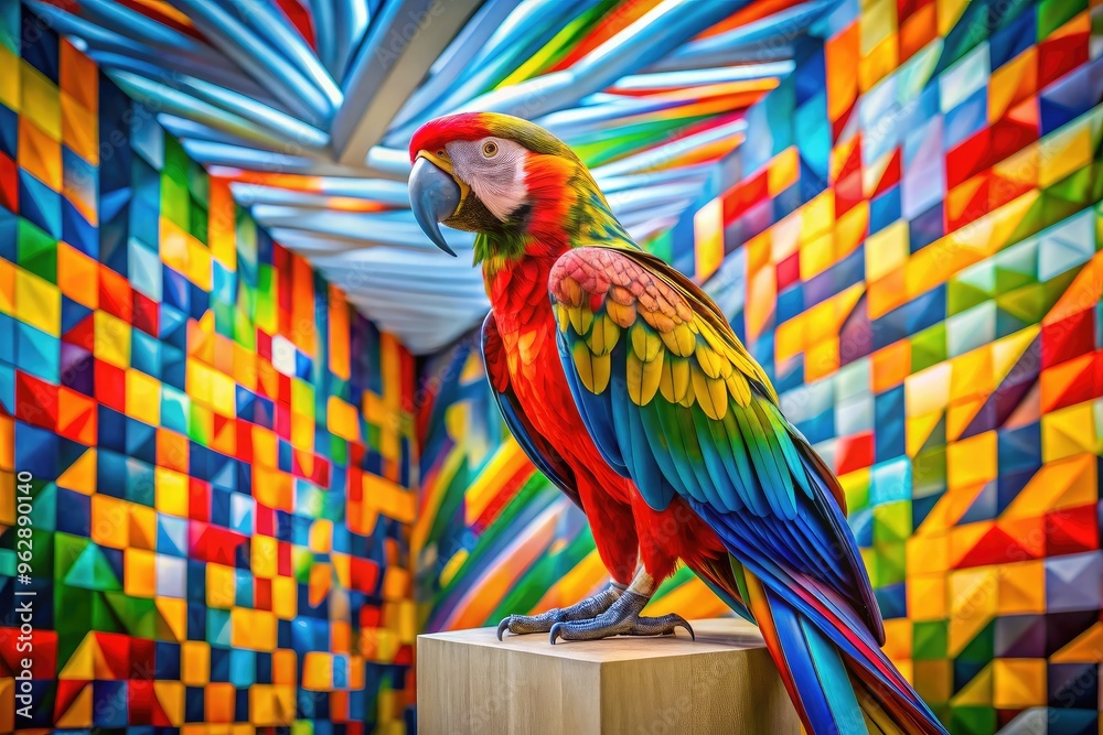 Fototapeta premium colorful parrot perched on abstract vector sculpture modern art museum