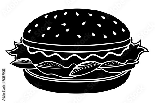 Vector Line Art Icon of Hamburger with Lettuce and Tomato on a Bun Silhouette