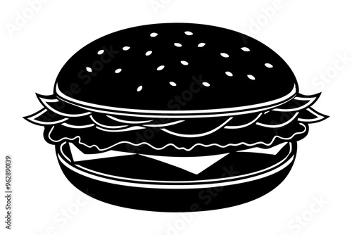 Vector Line Art Icon of Hamburger with Lettuce and Tomato on a Bun Silhouette