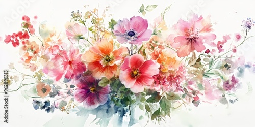 Fototapeta Naklejka Na Ścianę i Meble -  Watercolor painting of pink and orange flowers.