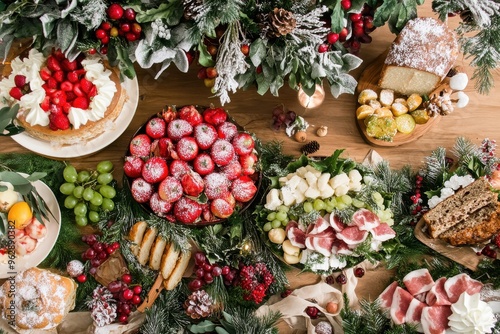 Overhead view of Christmas feast table with dishes and cakes in wooden dining room