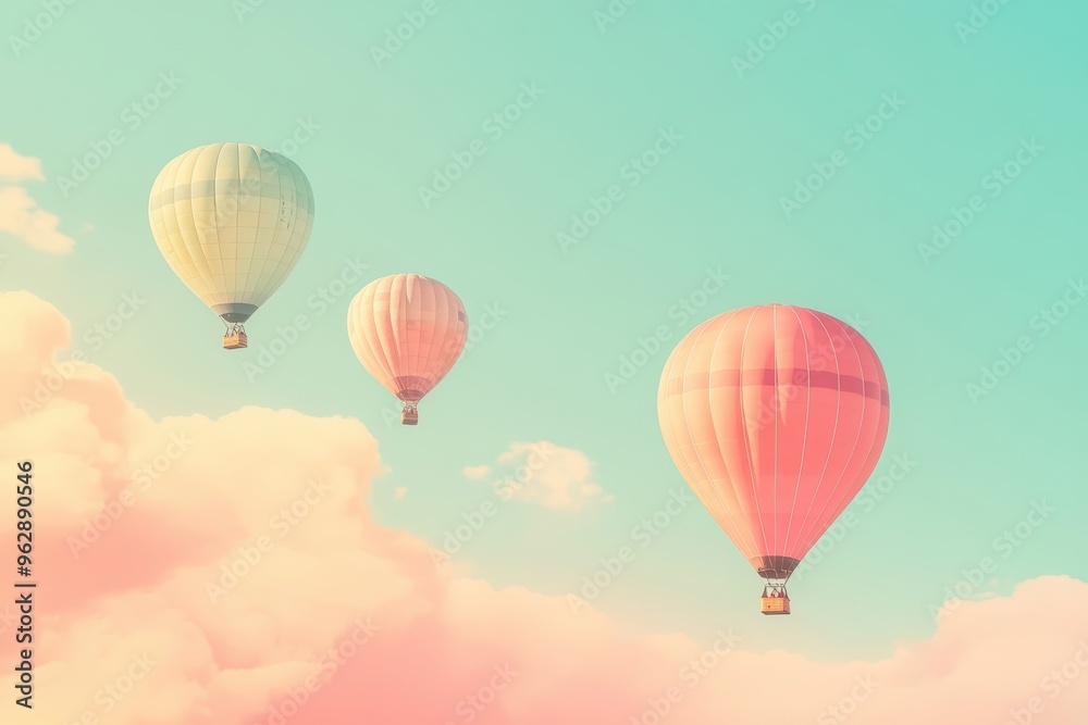 Fototapeta premium Three hot air balloons floating in pastel sky.