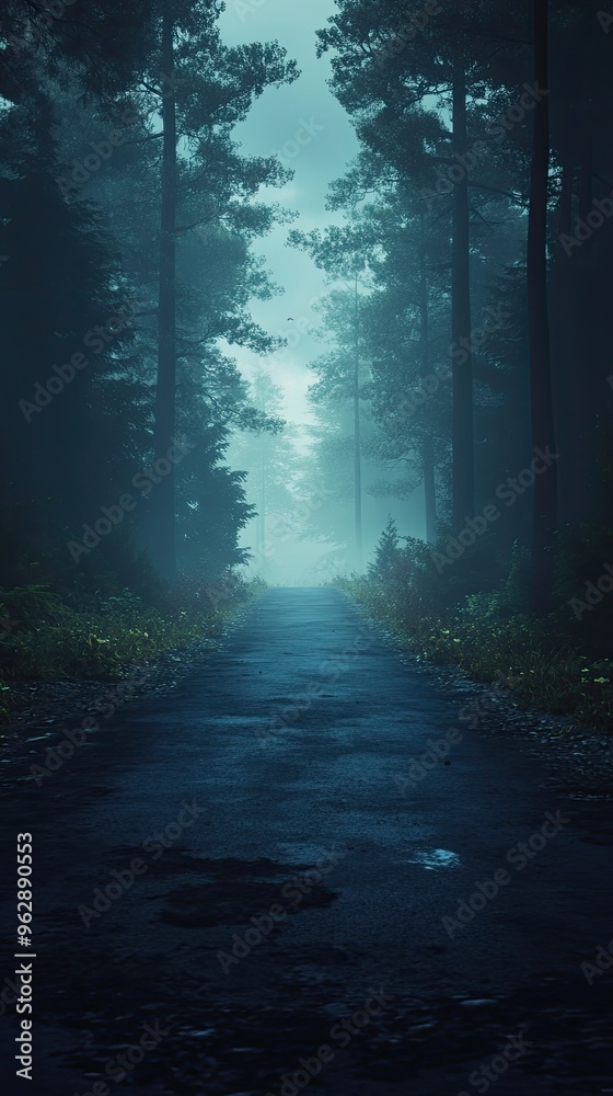 Fototapeta premium Empty asphalt road in a dark forest with fog