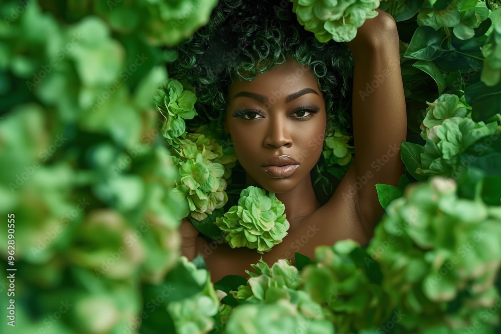Black woman dressed in green flowers, perfume concept. Artistic image of elegant woman surrounded by flowers, focused on camera. Luxury brand advertising, beauty product packaging, editorial. Black woman dressed in green flowers, perfume concept. Artistic image of elegant woman surrounded by flowers, focused on camera. Luxury brand advertising, beauty product packaging, editorial.