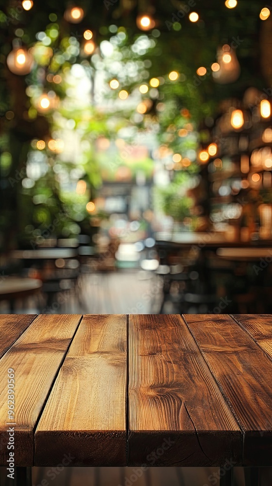 Empty wooden table and Coffee shop blur background with bokeh image