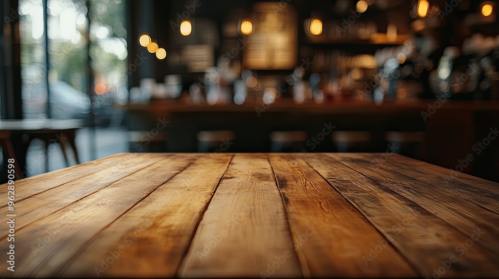 Empty wooden table and Coffee shop blur background with bokeh image