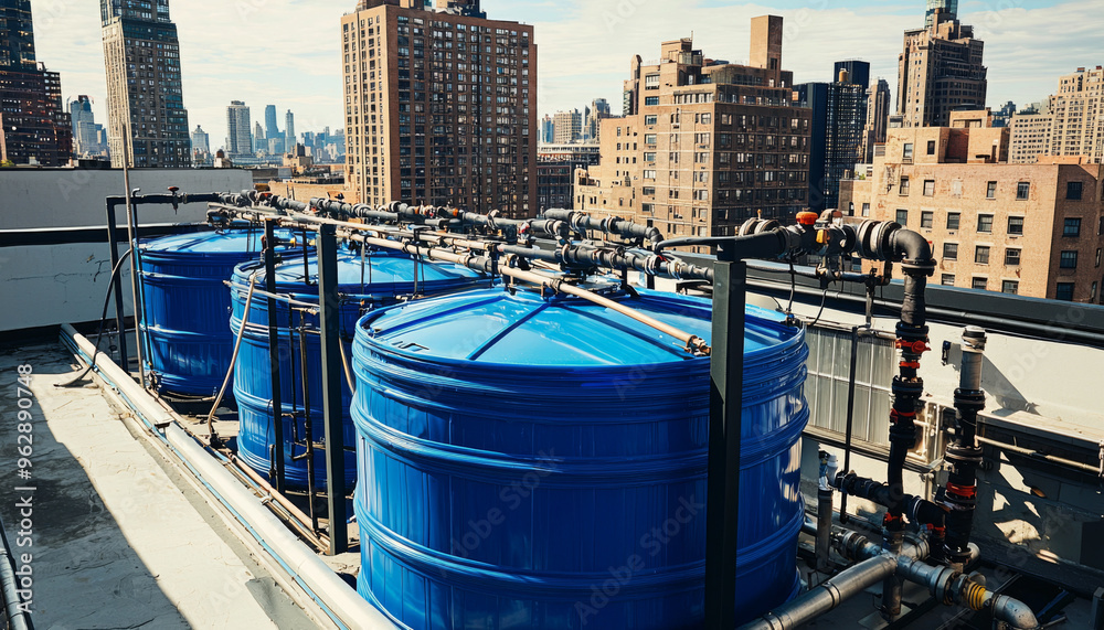 A rooftop scene featuring blue water storage tanks, highlighting urban infrastructure and utility management. A rooftop scene featuring blue water storage tanks, highlighting urban infrastructure and utility management.