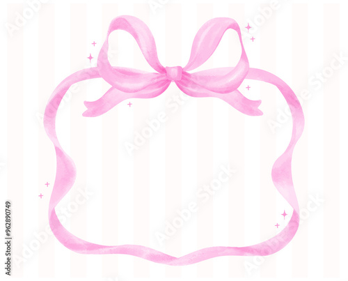 Coquette Pink Ribbon bow Horizontal Frame Watercolor Preppy Retro Grandmillennial style