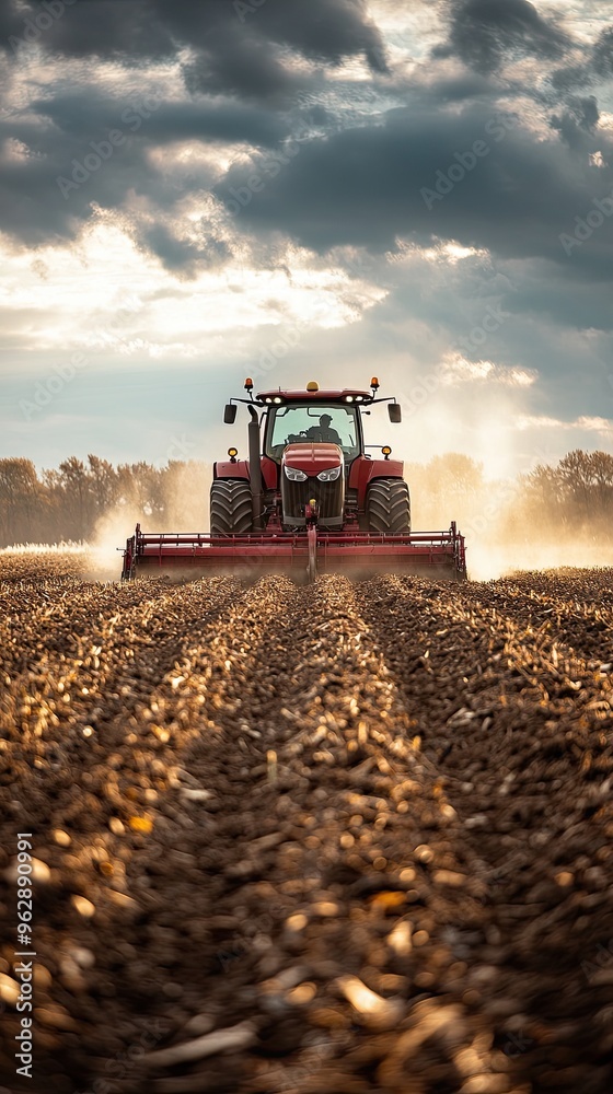 Fototapeta premium Farming tractor plowing and spraying on field