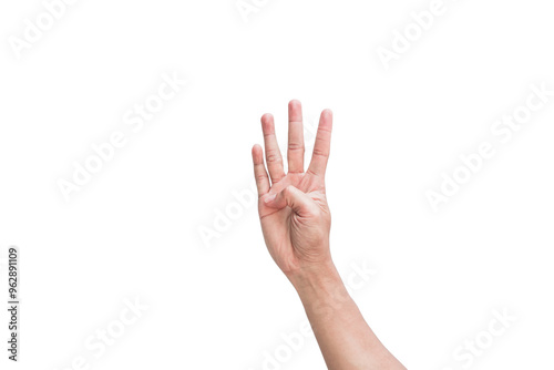 Young man's hand showing fingers on isolated white background. Counting number 4 with four fingers showing. Clipping Path