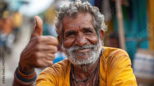 Indian senior man showing thumbs up photo