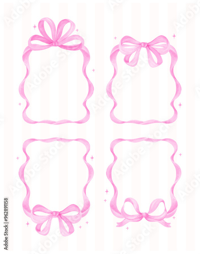 Coquette Pink Ribbon bow Vertical Frame Watercolor set Preppy Retro Grandmillennial style collection