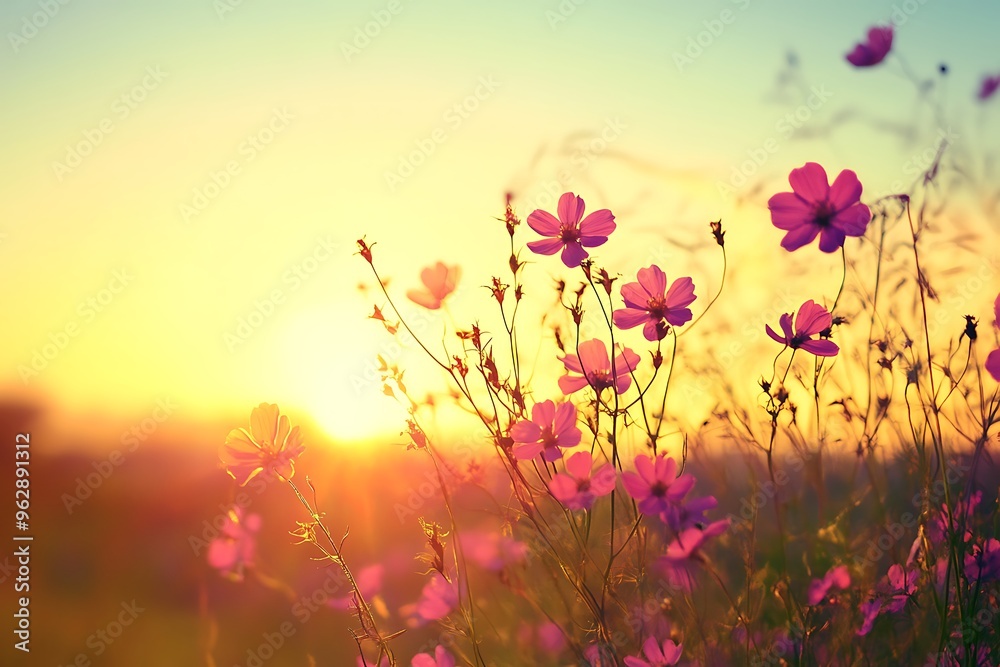 Beautiful cosmos flowers field bathed in golden sunset light Beautiful cosmos flowers field bathed in golden sunset light