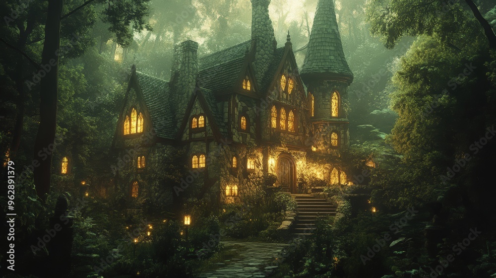 A stone house with lights in a foggy forest. A stone house with lights in a foggy forest.