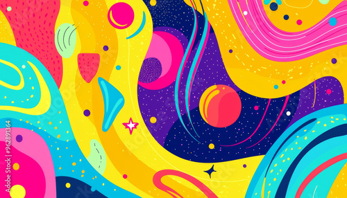 A vibrant cosmic scene with swirling colors, planets, and stars, evoking a sense of wonder and imagination.