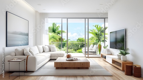 Midcentury modern living room with minimal furniture, focusing on clean lines, and earthtoned accents., photo