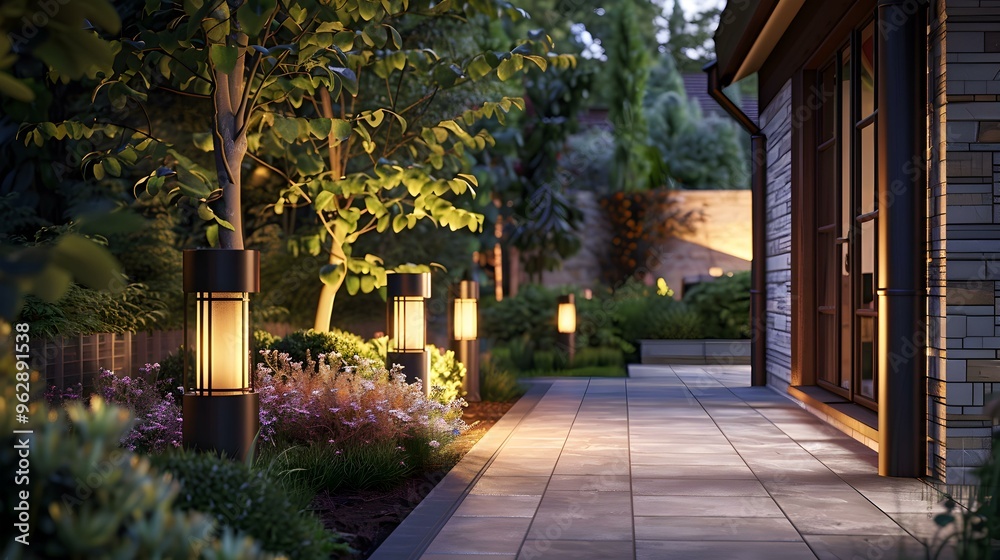 Fototapeta premium Illuminated Garden Path Backyard Design with Stone Pathway and Lush Greenery