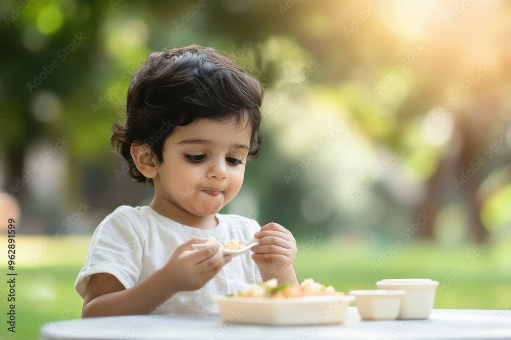 indian child is eating at the table. The background is on the lawn of the park, with a small lunch box on the table. indian child is eating at the table. The background is on the lawn of the park, with a small lunch box on the table.