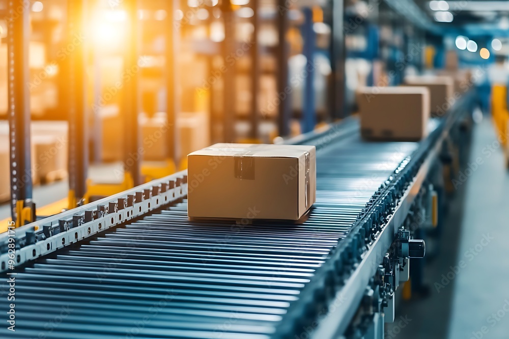 Cardboard box moving on conveyor belt in distribution warehouse Cardboard box moving on conveyor belt in distribution warehouse
