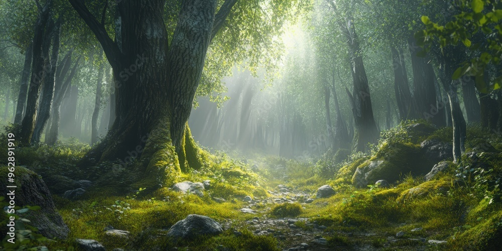 Sunlight breaks through misty forest path. Sunlight breaks through misty forest path.