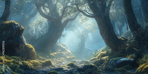 Misty forest path with sunlight breaking through the trees.